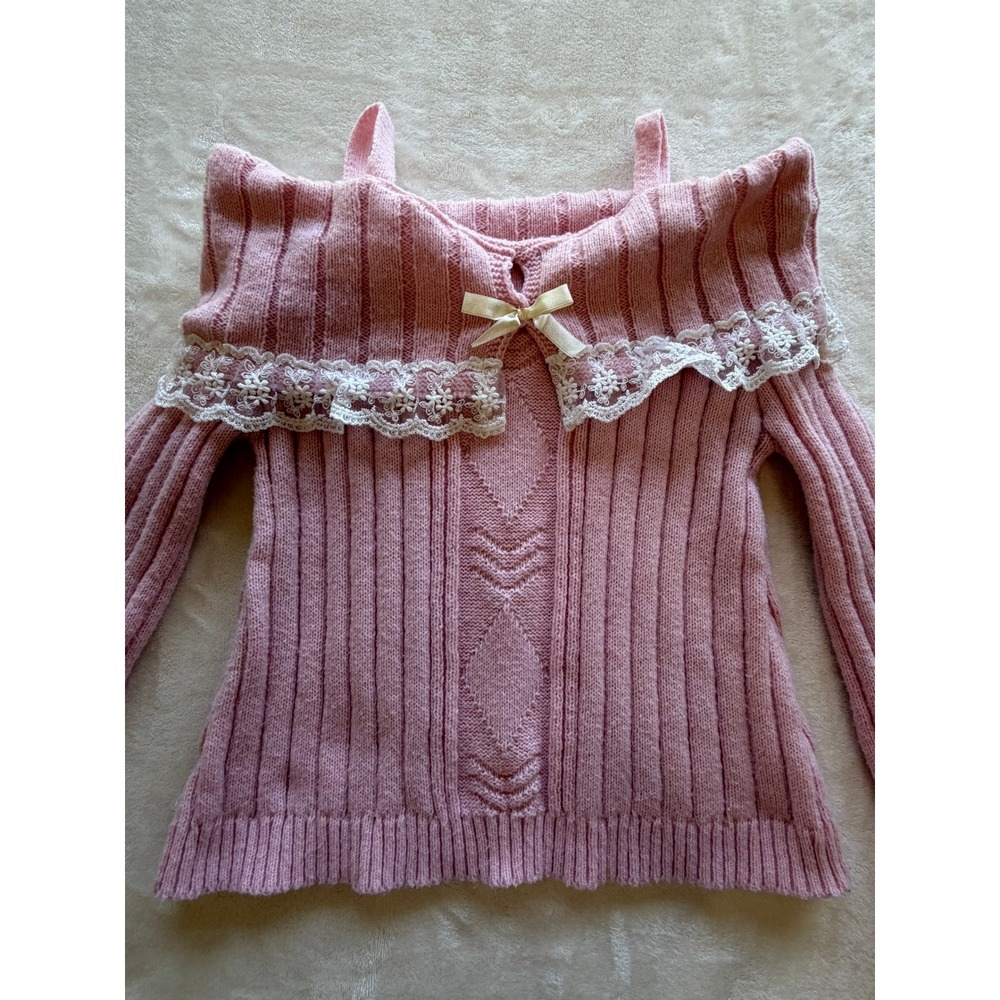 ROMWE Pink Lace Trim Cold Shoulder Ribbed Knit Sweater Women S Excellent